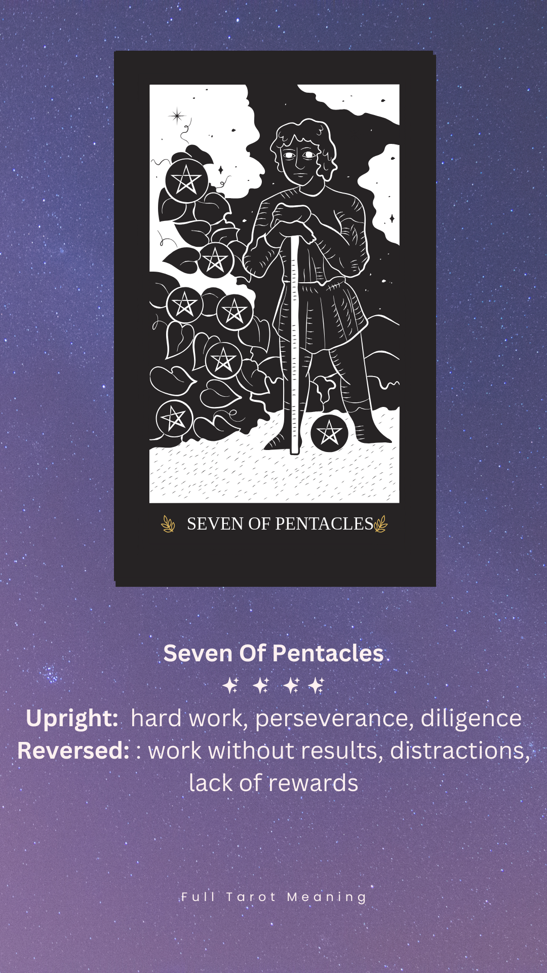 Seven of Pentacles tarot card depicting a person leaning on a staff while observing pentacles growing in a field